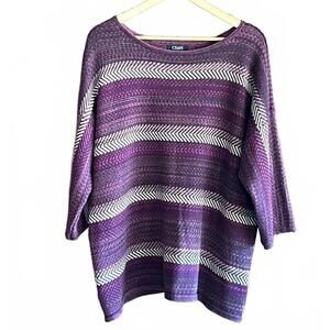 Chaps Womens Sweater 2X Purple Stripe 3/4 Sleeve Boat Neck Knit Cozycore